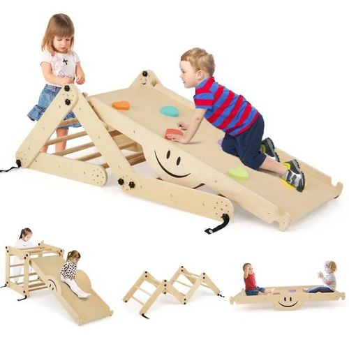 Jouet D'escalade Costway 5 En 1 : Toboggan, Bascule, Rampe D'escalade, Tunnel Pour 3 Ans+,Charge Max.: 60 Kg Naturel