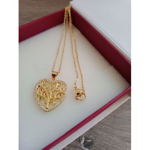 Collier Coeur Avec Arbre De Vie En Plaquage Or Un Micron Et Oxyde Zirconium