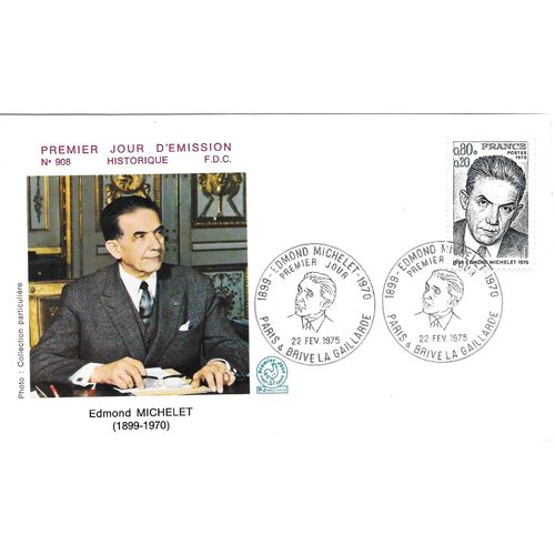 France 1975, Très Belle Enveloppe 1er Jour Fdc 908, Timbre Yvert 1825, Edmond Michelet, Homme Politique Français, État Neuf.