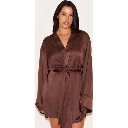 Plus Peignoir Satiné Chocolat À Lisérés Surjetés, Xl