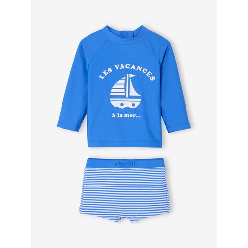 Ensemble De Bain Bébé T-Shirt Anti-Uv + Shorty Bleu/Rayé Bleu Et Blanc