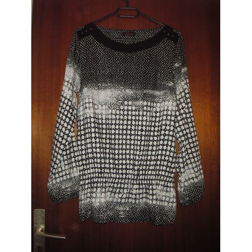 Tunique Imprimée, Manches Longues, Col Rond Julie Guerlande, Taille 42, Coloris Noir Et Blanc, Élastiquée Aux Bas Des Manches Et Sur Le Bas De La Tunique.