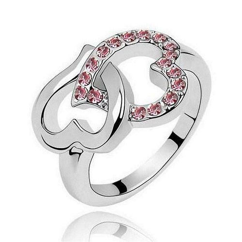 Bague 2 Coeurs Entrelacés ( Idée Cadeau Amoureux Saint Valentin Anniversaire Noel... ) - Cristal Rose Sur Métal Argenté - Taille 48