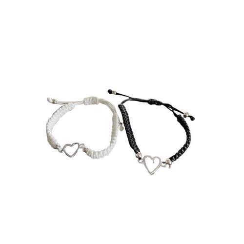 2 Bracelets Fantaisie Coeur - Matières Ficelles Et Acier - Couleur Un Blanc & Un Noir