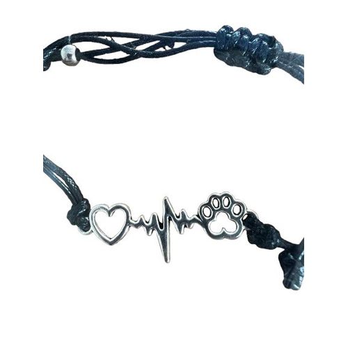 Bracelet Fantaisie Coeur & Patte De Chien - Matières : Cuir Et Acier - Couleur Noir