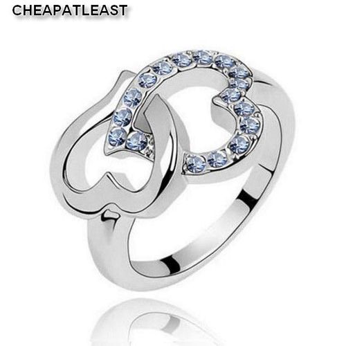 Bague 2 Coeurs Entrelacés ( Idée Cadeau Amoureux Saint Valentin Anniversaire Noel... ) - Cristal Violet Sur Métal Argenté - Taille 53