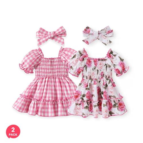 Lot De 2 Robe À Manches Bouffantes À Volants Pour Bébé Fille Avec Bandeau