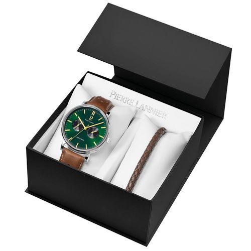 Coffret Homme Essential Argenté Cadran Vert Bracelet Cuir Perforé Brun 20 Mm