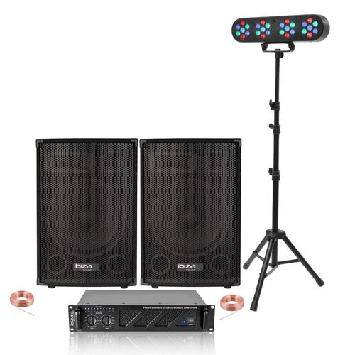 Pack Sono Ibiza 2 Enceintes Passives 2x700W - Ampli 2x600W - Pied Portique Jeux Lumières 4 projecteurs Par - Mariage Anniversaire DJ