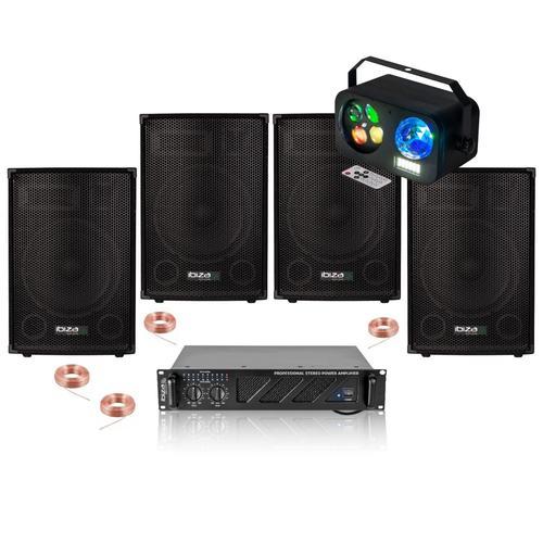 Pack Sono Ibiza 3200W Total - 4 Enceintes Passives 400W - Ampli 2x800W AMP1000-MKII - Jeux Lumières 3-en-1 - Soirée Fête DJ