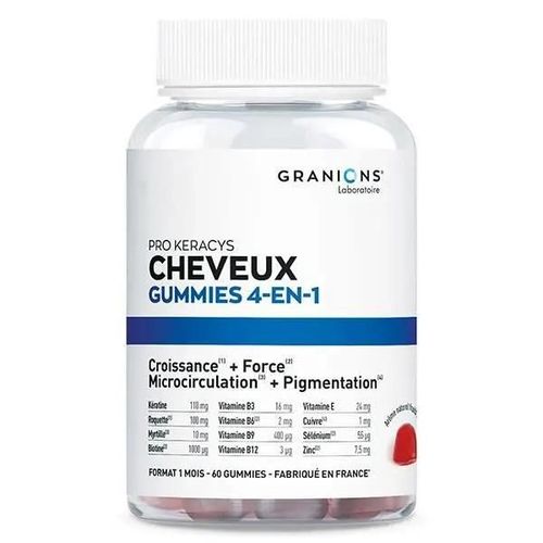 Granions Pro Keracys 4-En-1 Anti-Chute Cheveux Force Croissance Brillance Fruits Rouges 60 Gummies 