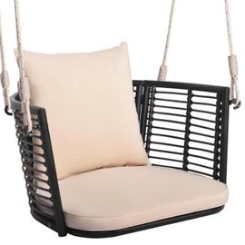 Costway Fauteuil Chaise Suspendu En Rotin Pe - Charge 180kg - 2 Cordes, Crochets, Cadre En Métal, Coussins - Porche Jardin - Beige