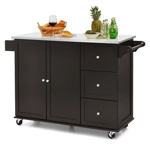 Costway Desserte De Cuisine À Roulettes - Plateau Acier Inox. - Îlot Chariot De Cuisine - 3 Tiroirs, 2 Portes Et Porte-Épices, Café