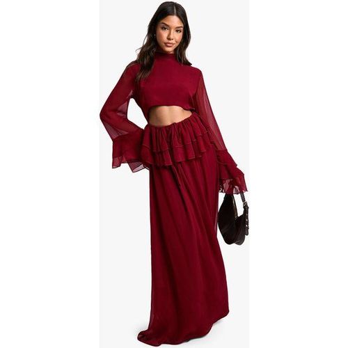 Robe Longue Plissée À Volants Et Manches Évasées - Rouge Bordeaux - 36