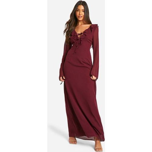 Robe Longue En Mousseline De Soie À Volants Et Manches Nouées - Rouge Bordeaux - 40