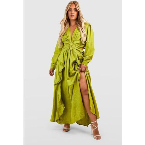 Robe Longue En Lin À Découpes Et Volants - Vert Olive - 48