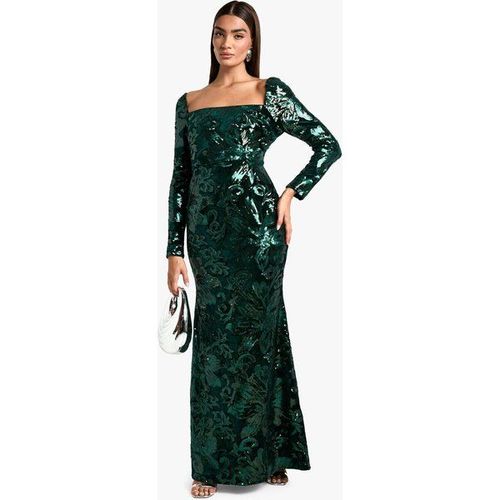 Robe Longue Pailletée À Col Carré - Vert Émeraude - 42