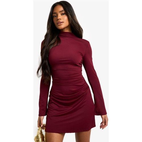 Robe Froncée À Col Montant Et Manches Longues - Rouge Bordeaux - 46
