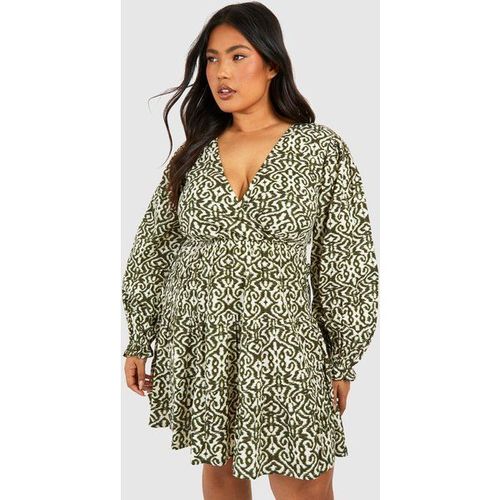 Robe Courte Froncée En Lin À Imprimé Abstrait - Vert - 48