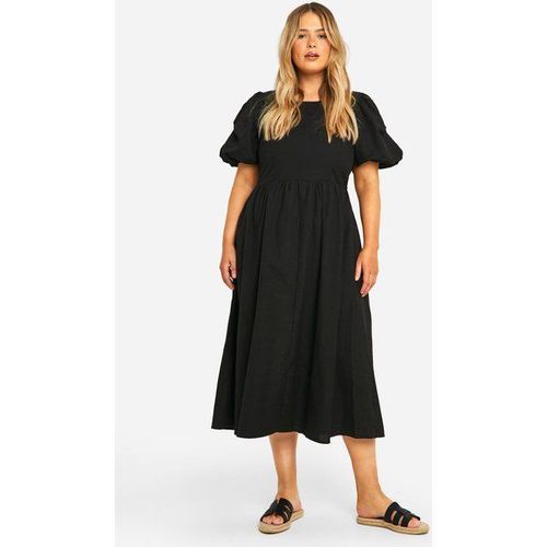 Robe Mi-Longue En Lin À Manches Bouffantes - Noir - 48