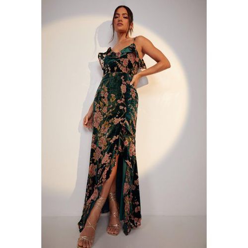 Robe Longue À Bretelles Et Motif Fleuri - Vert Émeraude - 46
