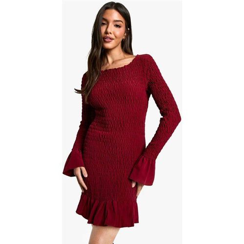 Robe Courte Froncée À Manches Longues - Rouge Bordeaux - 46