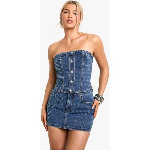 Mini-Jupe En Jean À Strass - Délavage Foncé - 40