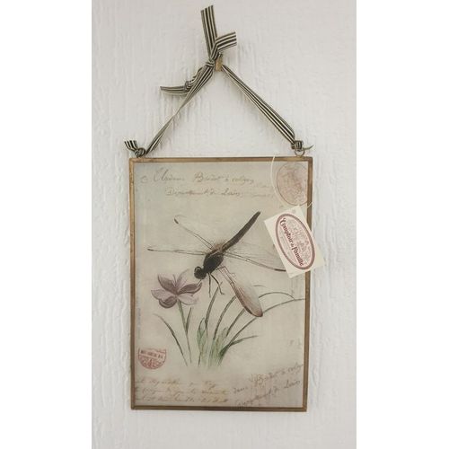 Cadre En Verre Sérigraphié Décor Libellule - Marque Comptoir De Famille - Contour En Métal Doré - 20x14 Cm - Prêt À Suspendre. Neuf