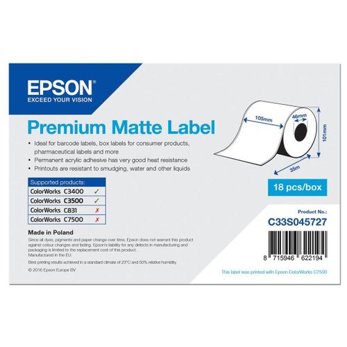 Epson Premium - Papier - mat - adhésif permanent en acrylique - blanc brillant - rouleau A6 (10,5 cm x 35 m) 1 rouleau(x) étiquettes - pour ColorWorks CW-C4000E (BK), CW-C4000E (MK); TM C3500