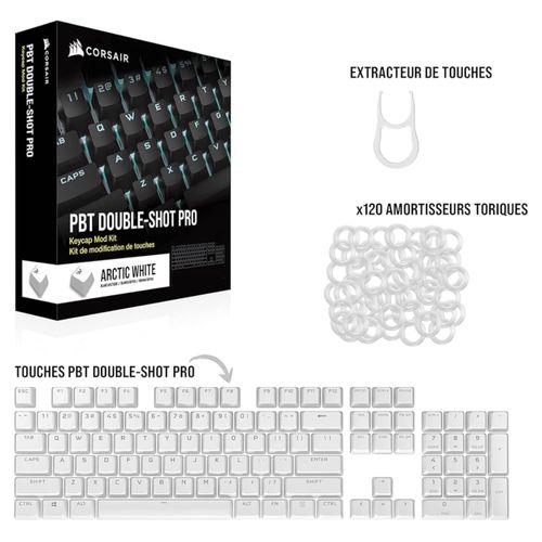 Corsair PBT DOUBLE-SHOT PRO Kit de Modification de Touches (Touches PBT à Double Injection, Rang Inférieur Standard, Surface Texturée, Épaisseur de 1,5 mm, Amortisseurs Toriques Inclus) Arctic Blanc