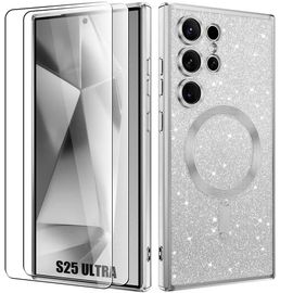 Coque + 2 Verres Trempés Pour Samsung Galaxy S25 Ultra, Avec Cercle Magnétique Protection Caméra - Silicone Argenté - E.F.Connection