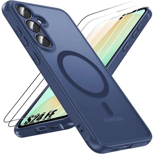 Coque Et 2 Verres Trempés Pour Samsung Galaxy S24 Fe Avec Anneau Magnétique Protection Caméra, Antichoc Bleu Marine - E.F.Connection