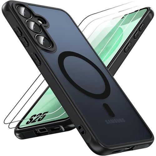 Coque Avec Anneau Magnétique Pour Samsung Galaxy S25 Avec 2 Verres Trempés, Protection Silicone Et Pc Antichoc Noir - E.F.Connection