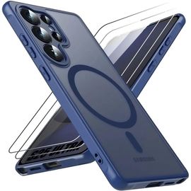 Coque Et 2 Verres Trempés Pour Samsung Galaxy S25 Ultra, Protection Avec Anneau Magnétique Et Vitre Caméra - Bleu Marine - E.F.Connection