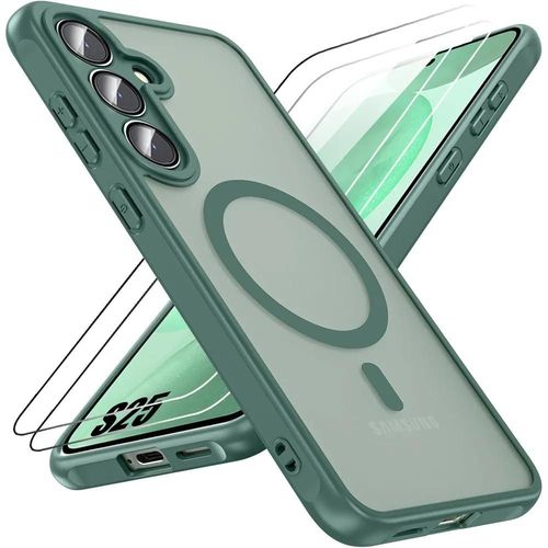 Coque Et 2 Verres Trempés Pour Samsung Galaxy S25, Protection Avec Cercle Magnétique Et Vitre Caméra - Vert Nuit - E.F.Connection