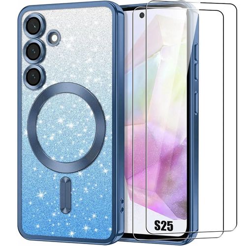 Coque Et 2 Verres Trempés Pour Samsung Galaxy S25, Avec Protection Caméra - Compatible Avec Chargeur Sans Fil - Bleu - E.F.Connection