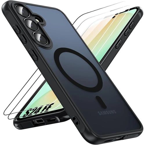 Coque Et 2 Verres Trempés Pour Samsung Galaxy S24 Fe Avec Cercle Magnétique Protection Caméra, Silicone Pc Noir - E.F.Connection