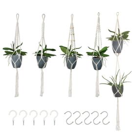 Intirilife Ensemble De 5 Pots De Fleurs Suspendus En Macramé Blanc Avec Système D'accrochage - Support Pour Plantes, Porte-Plantes En Corde De Coton Avec Crochets Assortis Pour Suspendre