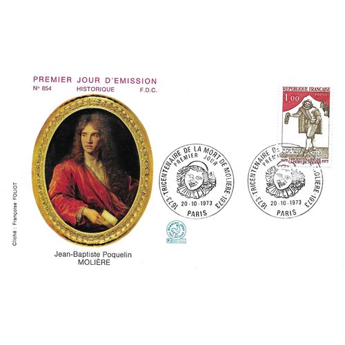 France 1973, Très Belle Enveloppe 1er Jour Fdc 854, Timbre Yvert 1771, Jean-Baptiste Poquelin Dit Molière, Cachet De Paris, État Neuf.