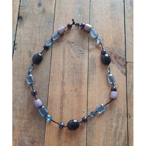 Collier Sautoir Perles Noires Et Bleues