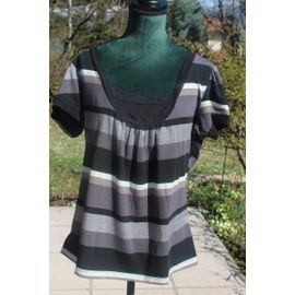 Blouse Caroll Rayèe Noir/Taupe/ Gris Et Blanc Brillantès.Taille Étiquetèe:42.