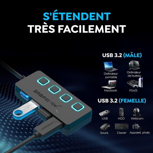 SABRENT Hub USB 3.2, Data Hub USB 4 Ports, câble de 60cm, Adaptateur USB Haute Vitesse, USB multiport avec des commutateurs et des voyants d'alimentation individuels, Station d’Accueil (HB-UM43)