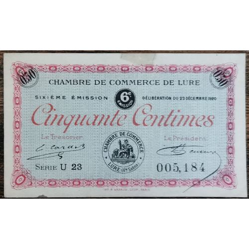 Billet 50 Centimes Chambre De Commerce De Lure 1920 - Série U 23 N°005184