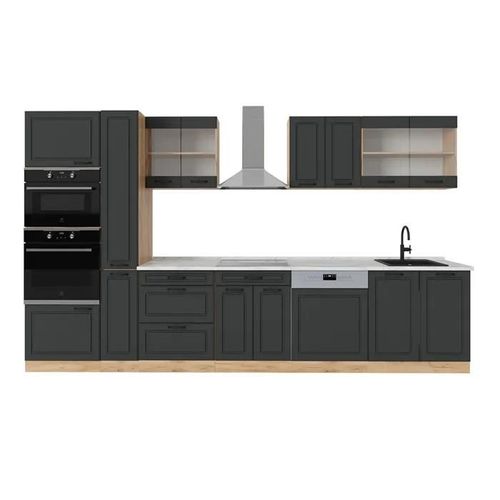 Cuisine Complète R-Line, 350cm , Pt Marbre, Anthracite Campagne/Chêne Doré, , Vicco