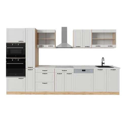 Cuisine Complète R-Line, 350cm , Pt Marbre, Blanc Campagnard/Chêne Doré, , Vicco