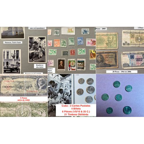 Cuba : 3 Cartes Postales / 4 Billets / 6 Pièces (1/5/10 & 25 C.) & 21 Timbres Oblitérés