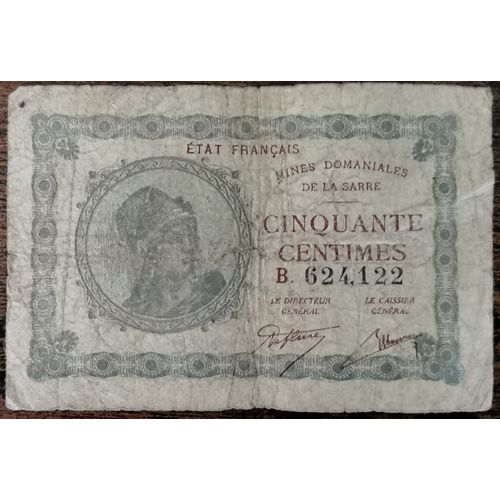 Billet De 50 Centimes Franc Mines Domaniales De La Sarre État Français B 624122