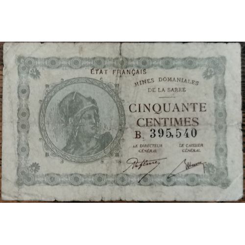 Billet De 50 Centimes Franc Mines Domaniales De La Sarre État Français B 395540
