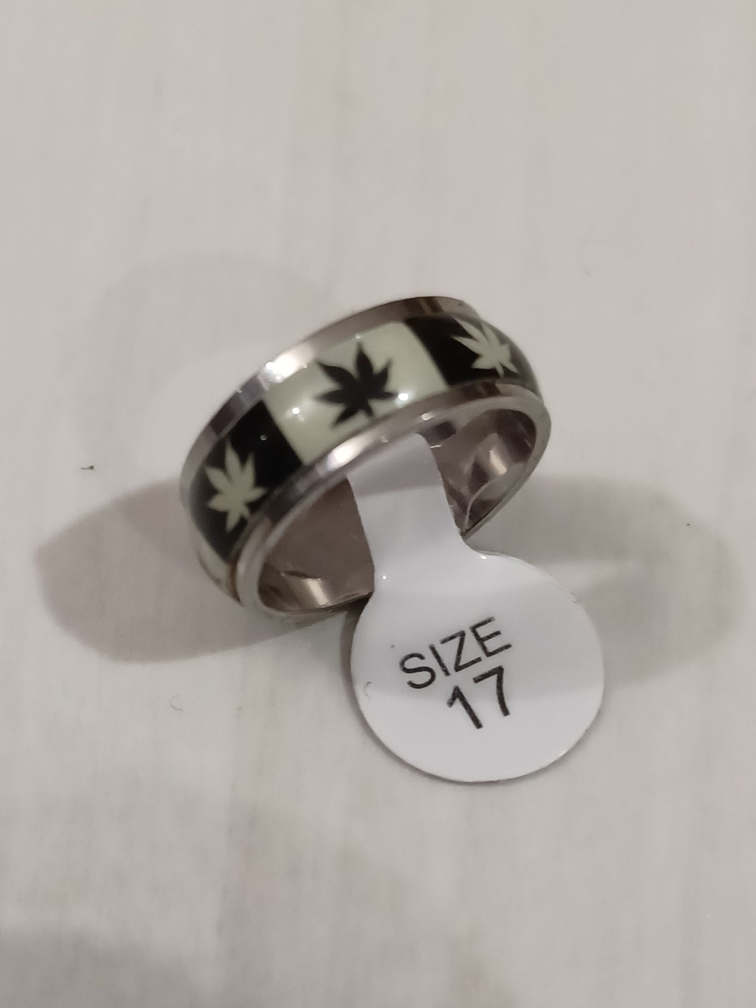 Bague En Acier Inoxydable,Métal Argenté,Phosphorescent ,Feuille,Taille 17