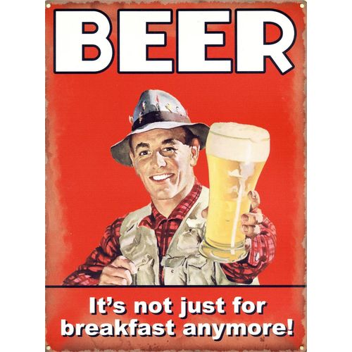 Plaque Decorative Beer Not Just For Breakfast Rouge Tole Humoristique
